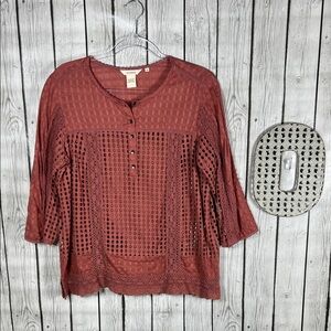 Sundance eyelet crochet trim boho peasant 3/4 sleeve cotton blouse